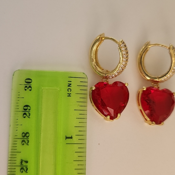 New 18K Gold Plated Large Heart Shaped Ruby Diamond Dangle Drop Hoop Earrings - Picture 6 of 10